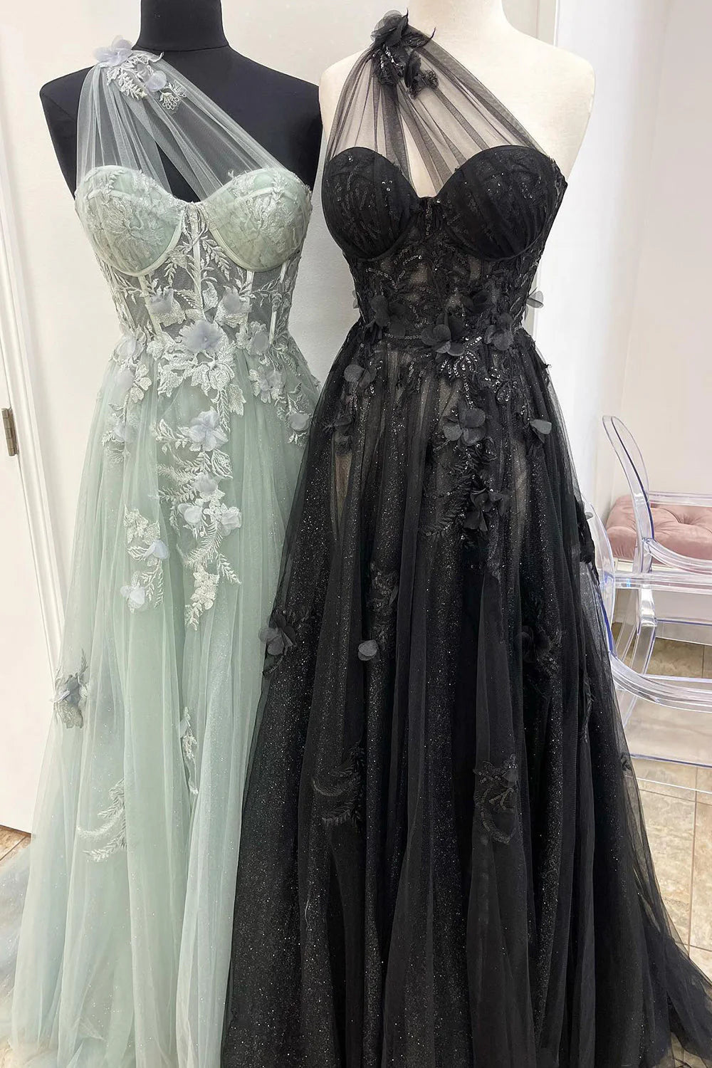Black one shoulder long chiffon applique ball dress