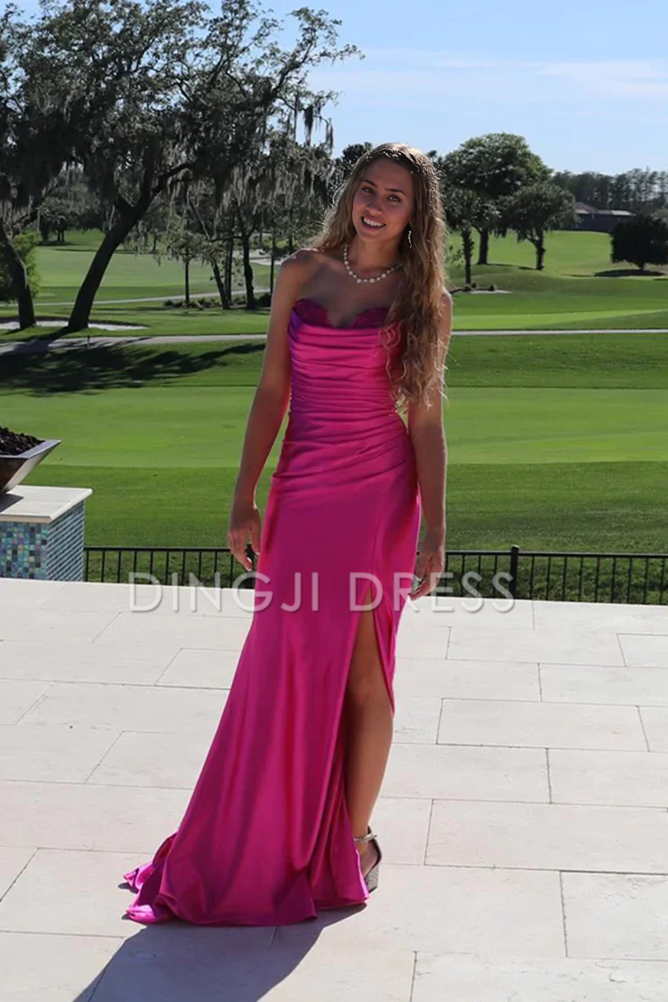 DingJiDress Sheath Strapless Pleated Satin Side Fork Long Elegant Prom Dress
