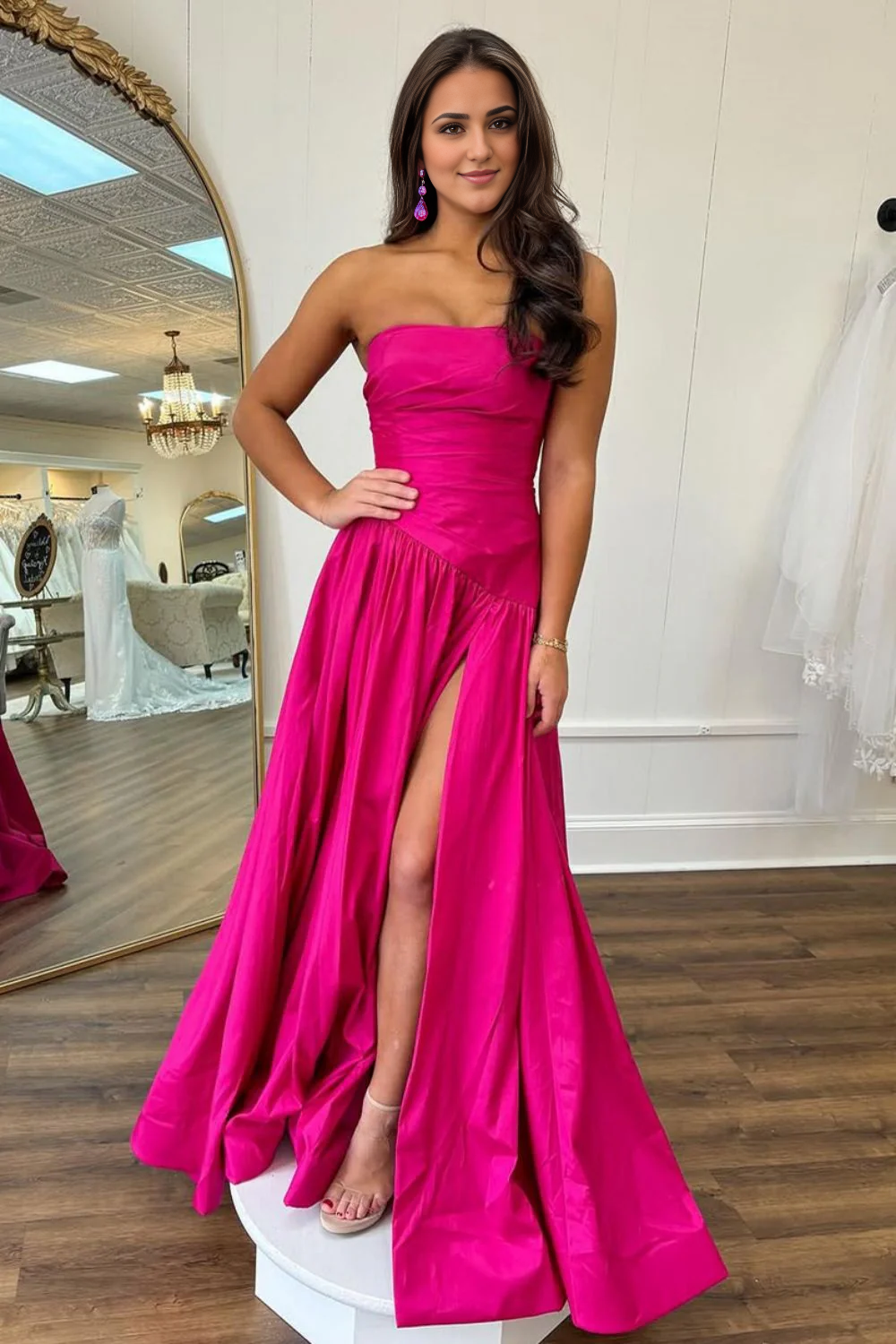 DingJiDress Simple A-Line Strapless Long Satin with Slit Elegant Prom Dress
