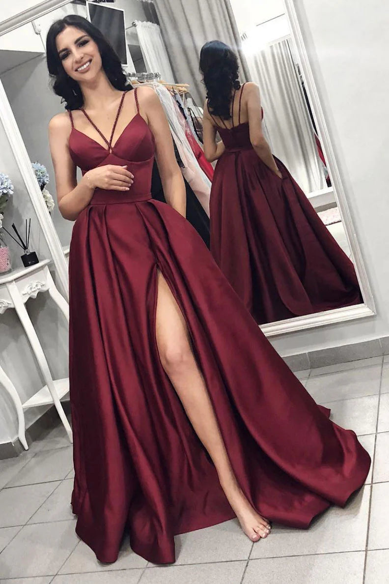 Simple burgundy satin long prom dress burgundy formal dress ﻿