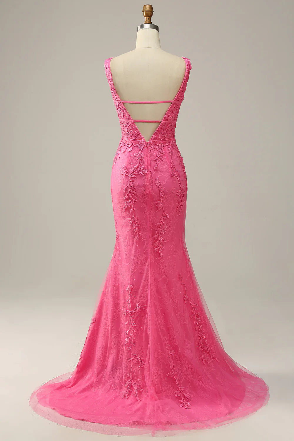 DingJiDress Mermaid Deep V Neck Hot Pink Long Prom Dress with Open Back