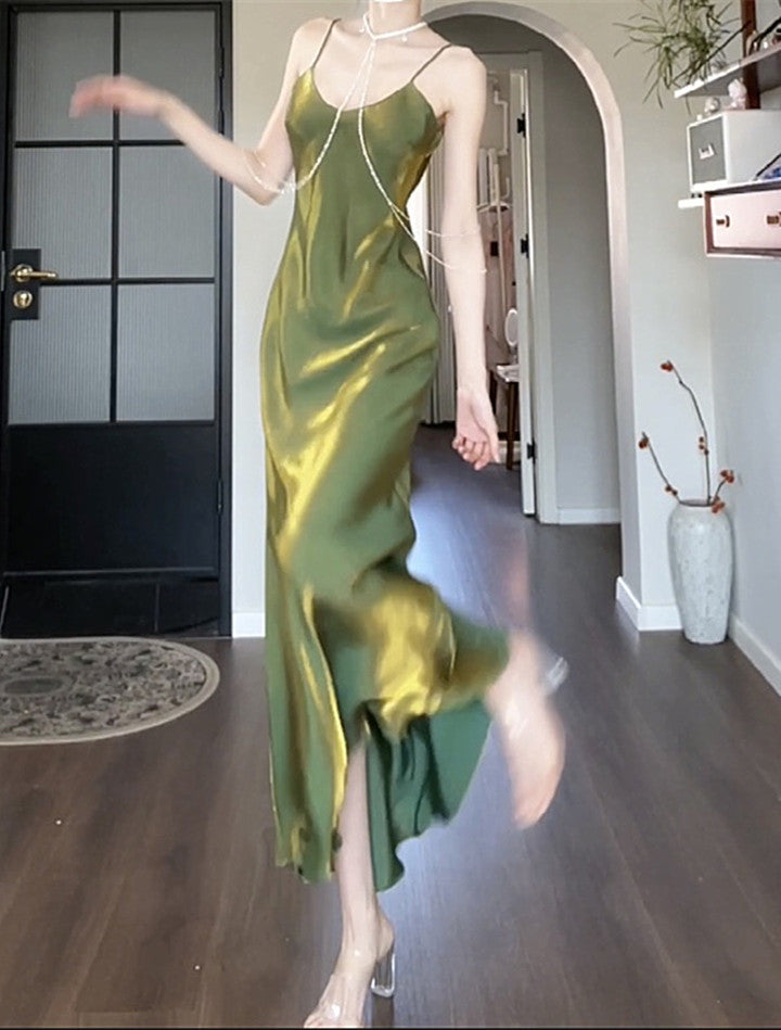 Pretty Green Straps Long Formal DressGreen Satin Party Dress Evening Dress