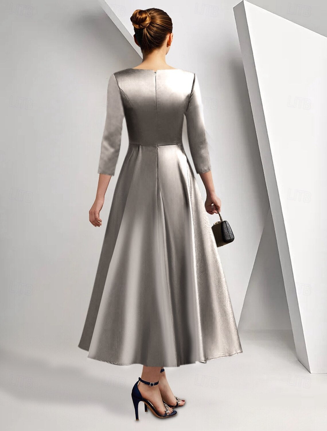 A-Line Cocktail Dresses Elegant Dress Formal Evening Party Tea Length 3/4 Length Sleeve Plunge Neck Pocket Satin with Pleats Ruched Derby Dresses