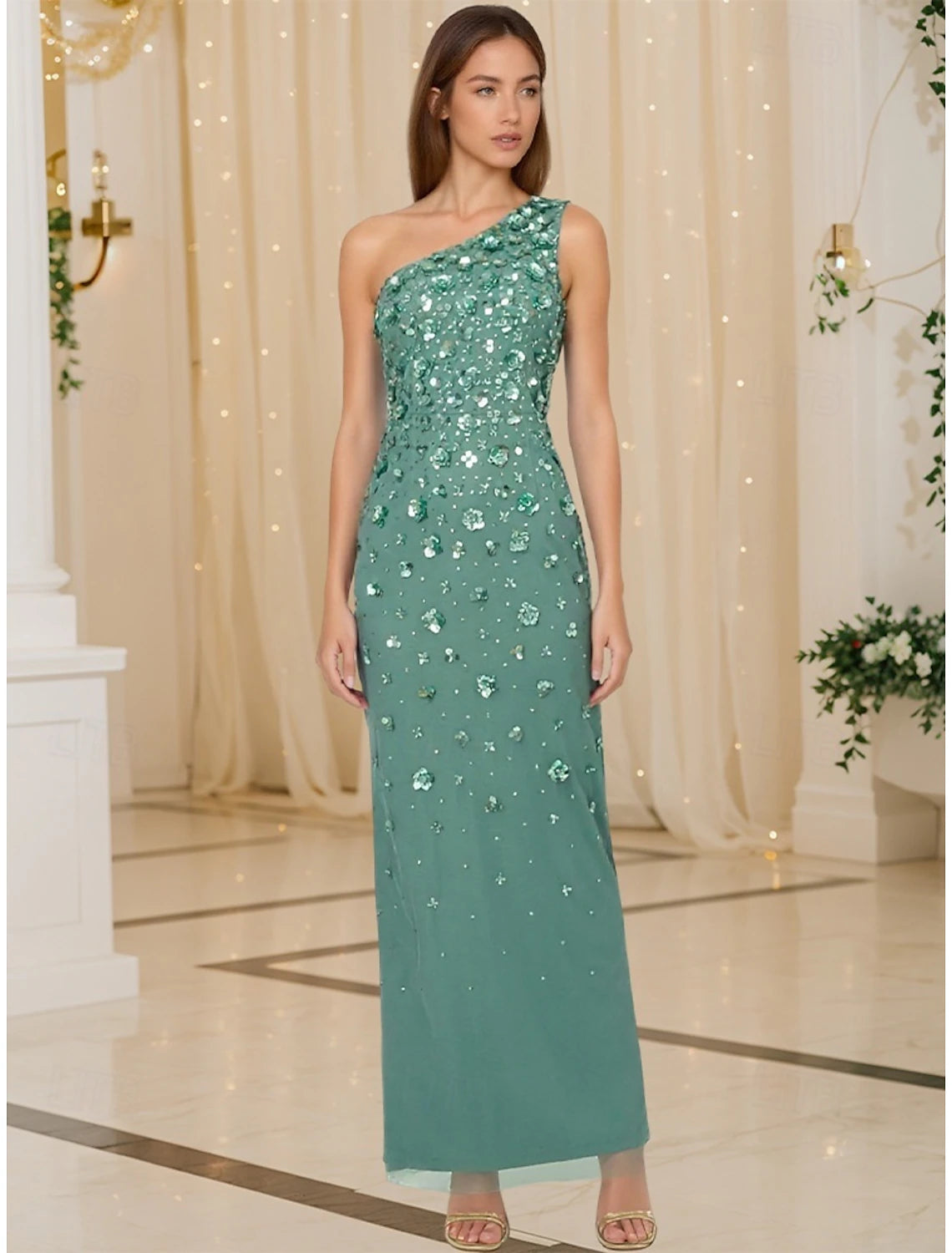 Sheath Column Beaded Gown Celebrity Style Dress Formal Wedding Guest Floor Length Sleeveless One Shoulder Chiffon with Flowers Beading Sequin Slit