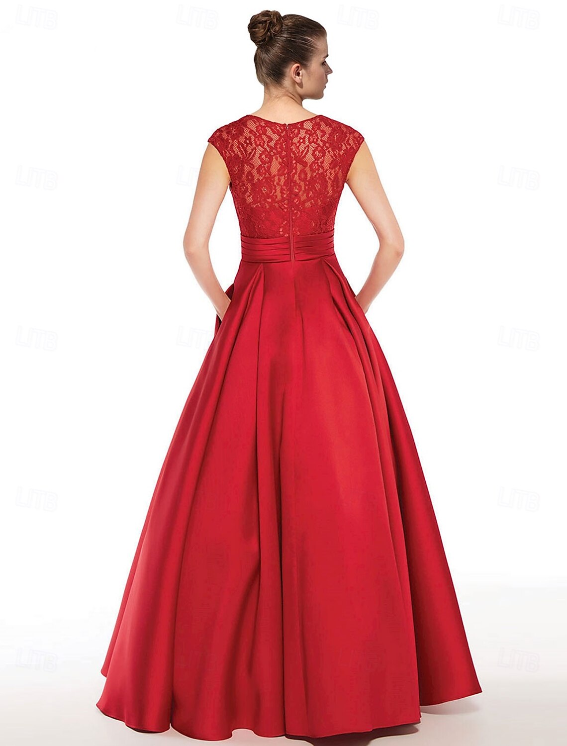 Red A-Line Evening Gown Elegant Dress Formal Floor Length Short Sleeve V Neck Pocket Satin with Pleats Pocket