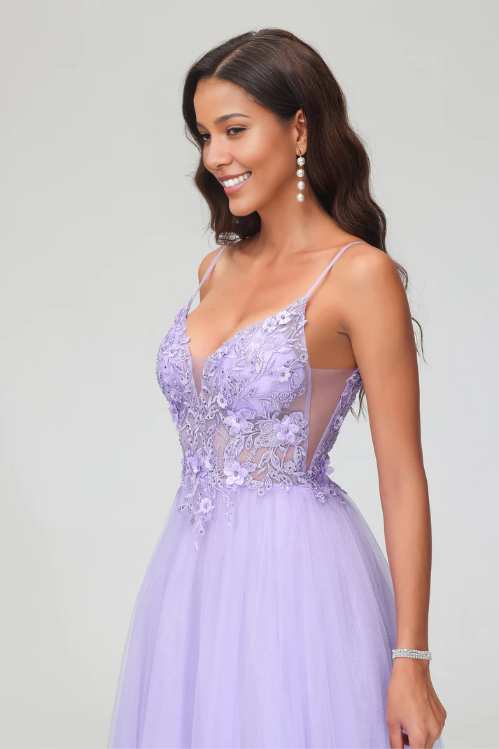 DingJiDress Formal Women's Dresses See-through V Neck Spaghetti Straps Rhinestone Tulle Applique Rhinestone Long Open Back Dress Prom Dresses