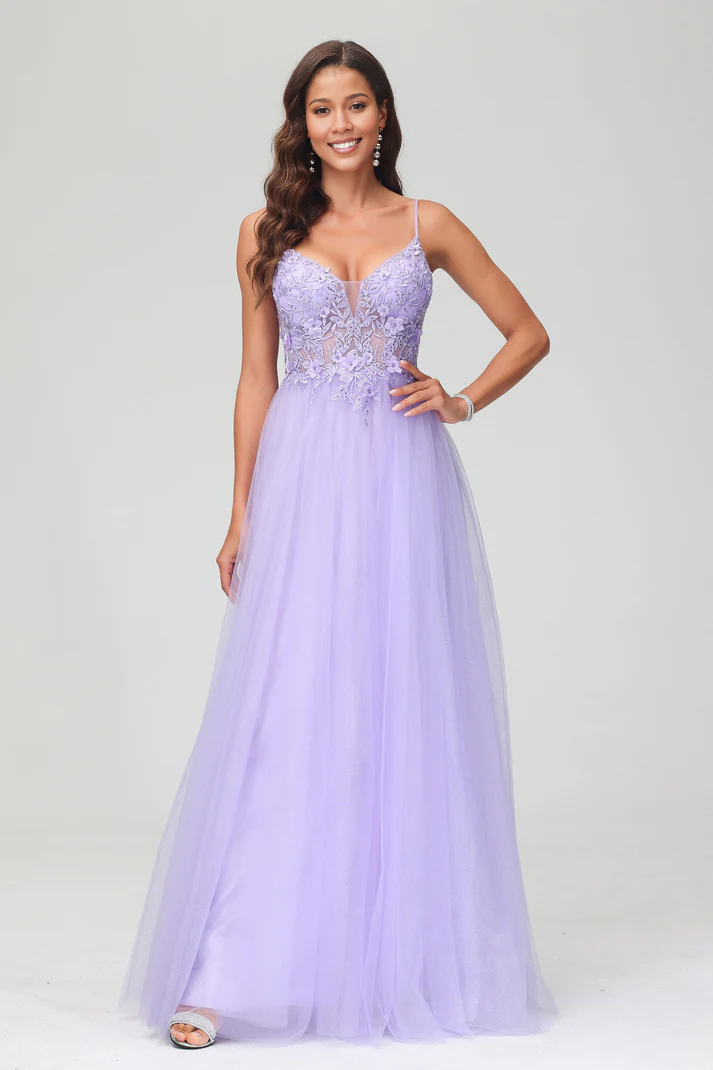 DingJiDress Formal Women's Dresses See-through V Neck Spaghetti Straps Rhinestone Tulle Applique Rhinestone Long Open Back Dress Prom Dresses