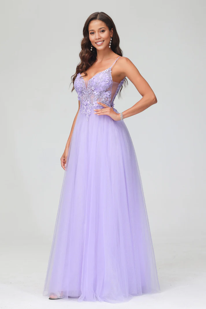 DingJiDress Formal Women's Dresses See-through V Neck Spaghetti Straps Rhinestone Tulle Applique Rhinestone Long Open Back Dress Prom Dresses