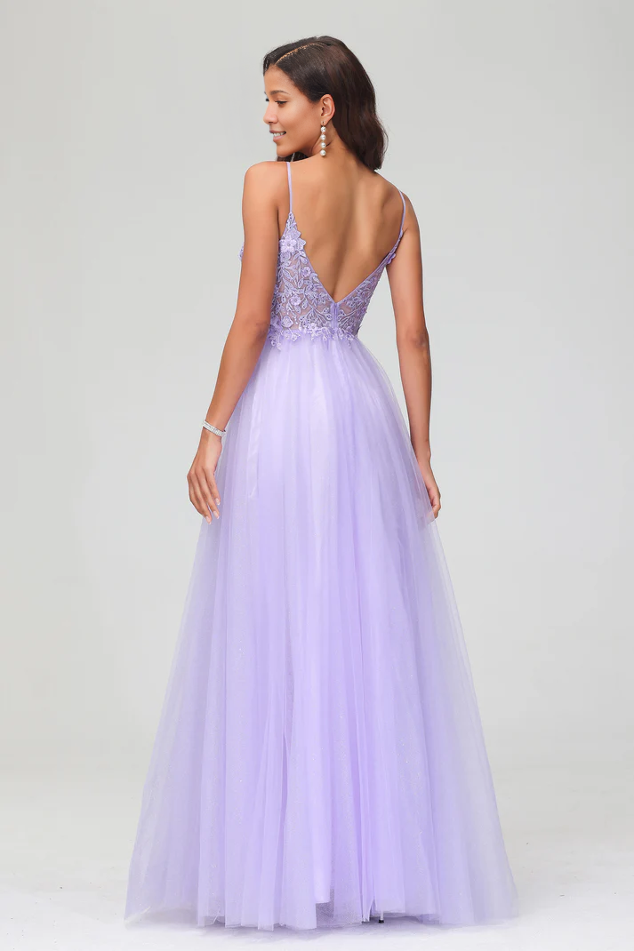 DingJiDress Formal Women's Dresses See-through V Neck Spaghetti Straps Rhinestone Tulle Applique Rhinestone Long Open Back Dress Prom Dresses