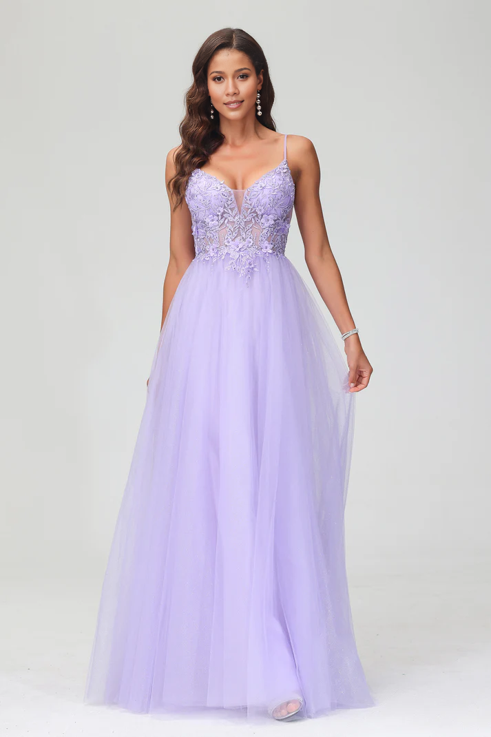 DingJiDress Formal Women's Dresses See-through V Neck Spaghetti Straps Rhinestone Tulle Applique Rhinestone Long Open Back Dress Prom Dresses