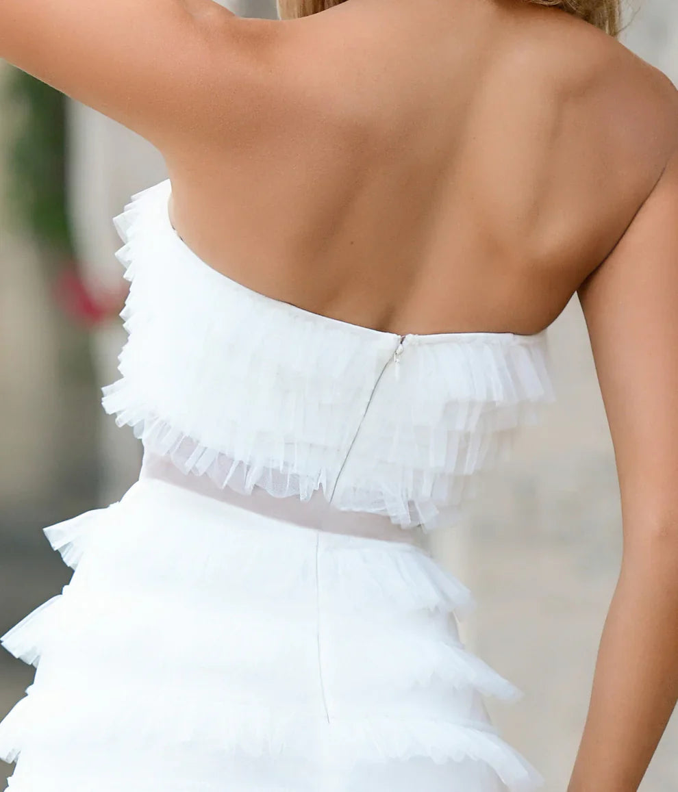 DingJiDress Wedding Dress December Wedding Autumn Winter Strapless Tiered Ruffled Tulle Sheer mesh Bodice No Stretch Invisible Center Zipper Unique Personality Dress
