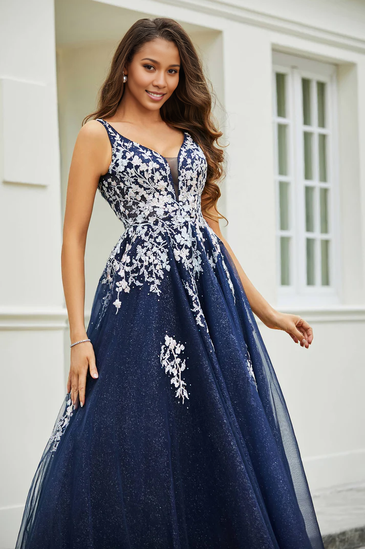 DingJiDress Formal Women's Dresses A-Line V-neck Sleeveless Lace Applique Beaded Ruched Tulle Floor-Length Backless Prom Dresses