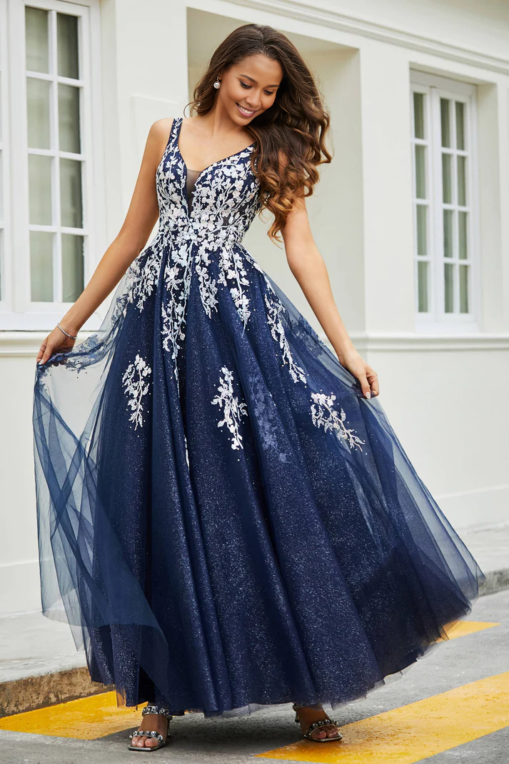 DingJiDress Formal Women's Dresses A-Line V-neck Sleeveless Lace Applique Beaded Ruched Tulle Floor-Length Backless Prom Dresses