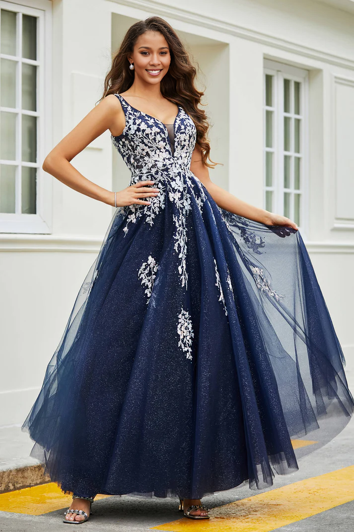 DingJiDress Formal Women's Dresses A-Line V-neck Sleeveless Lace Applique Beaded Ruched Tulle Floor-Length Backless Prom Dresses