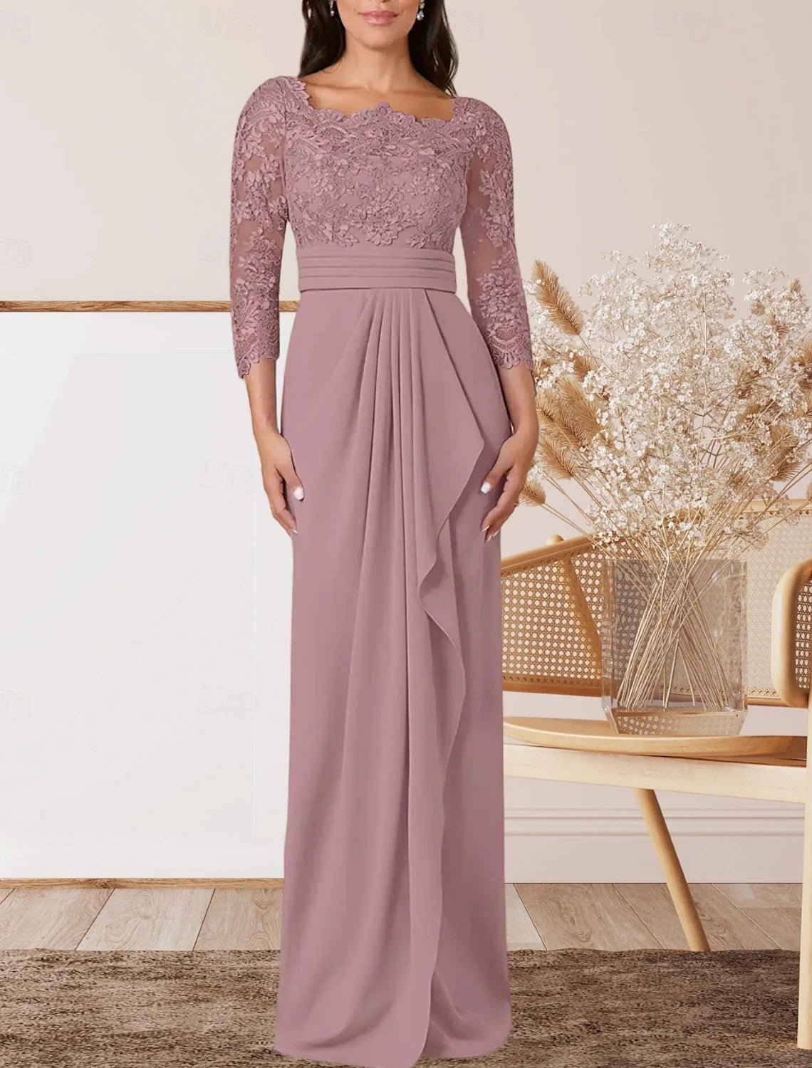Sheath / Column Mother of the Bride Dress Wedding Guest Elegant Square Neck Floor Length Chiffon Lace 3/4 Length Sleeve with Lace Sash / Ribbon Pleats