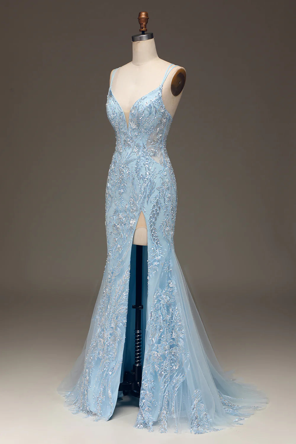 Light blue mermaid V-neck long slit ball dress