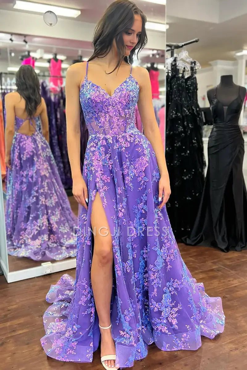 DingJiDress Formal Dress Glitter A-Line V-Neck Spaghetti Strap Sleeveless Lace Backless Exquisite Prom Dress