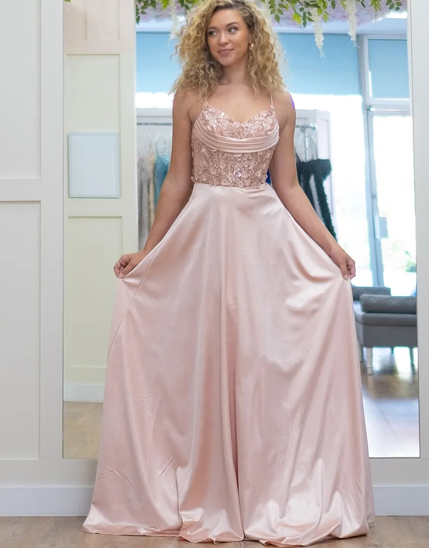 Pink flower long A-line version slim shoulder ball party dress