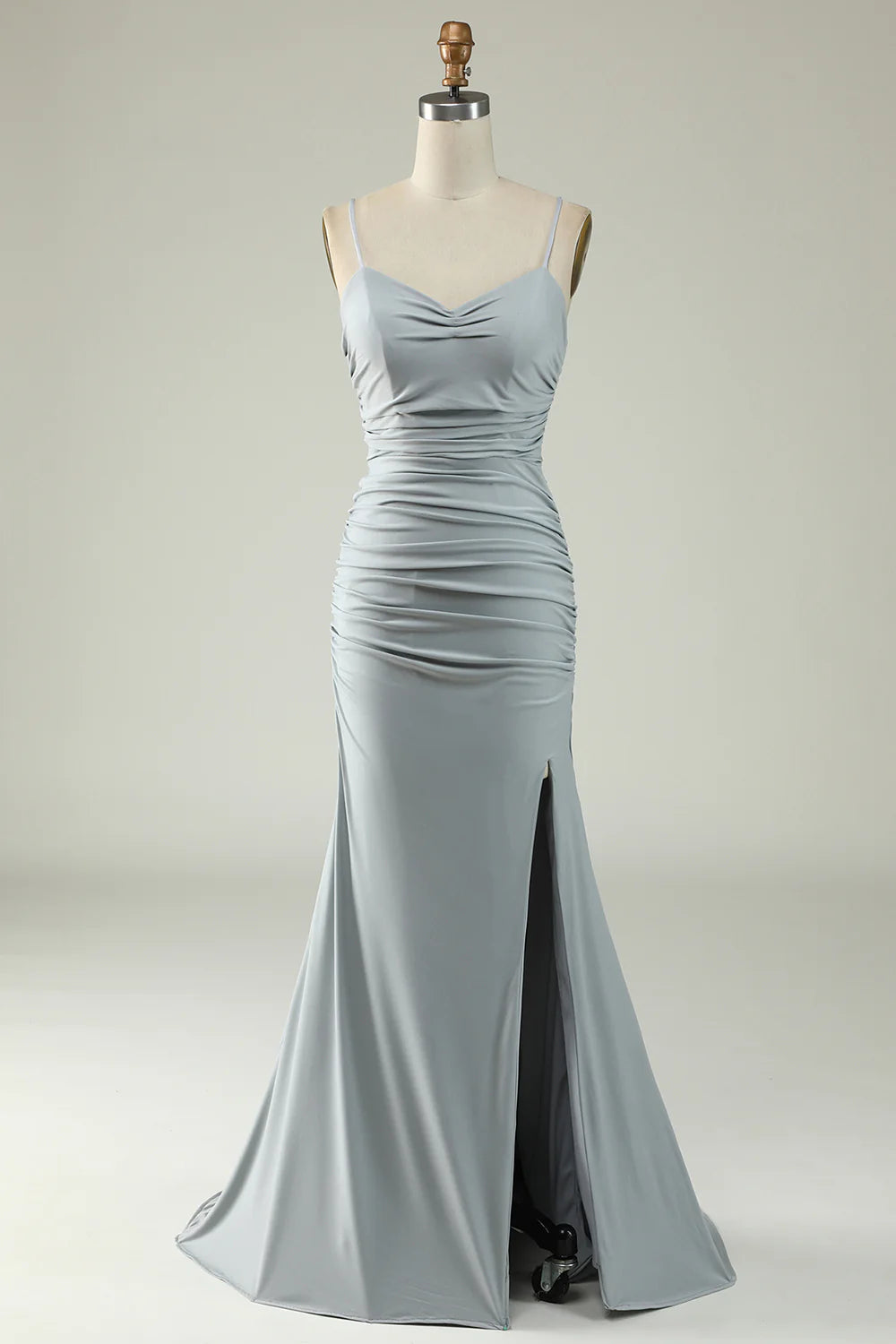 Grey long elegant suspender slit ball gown