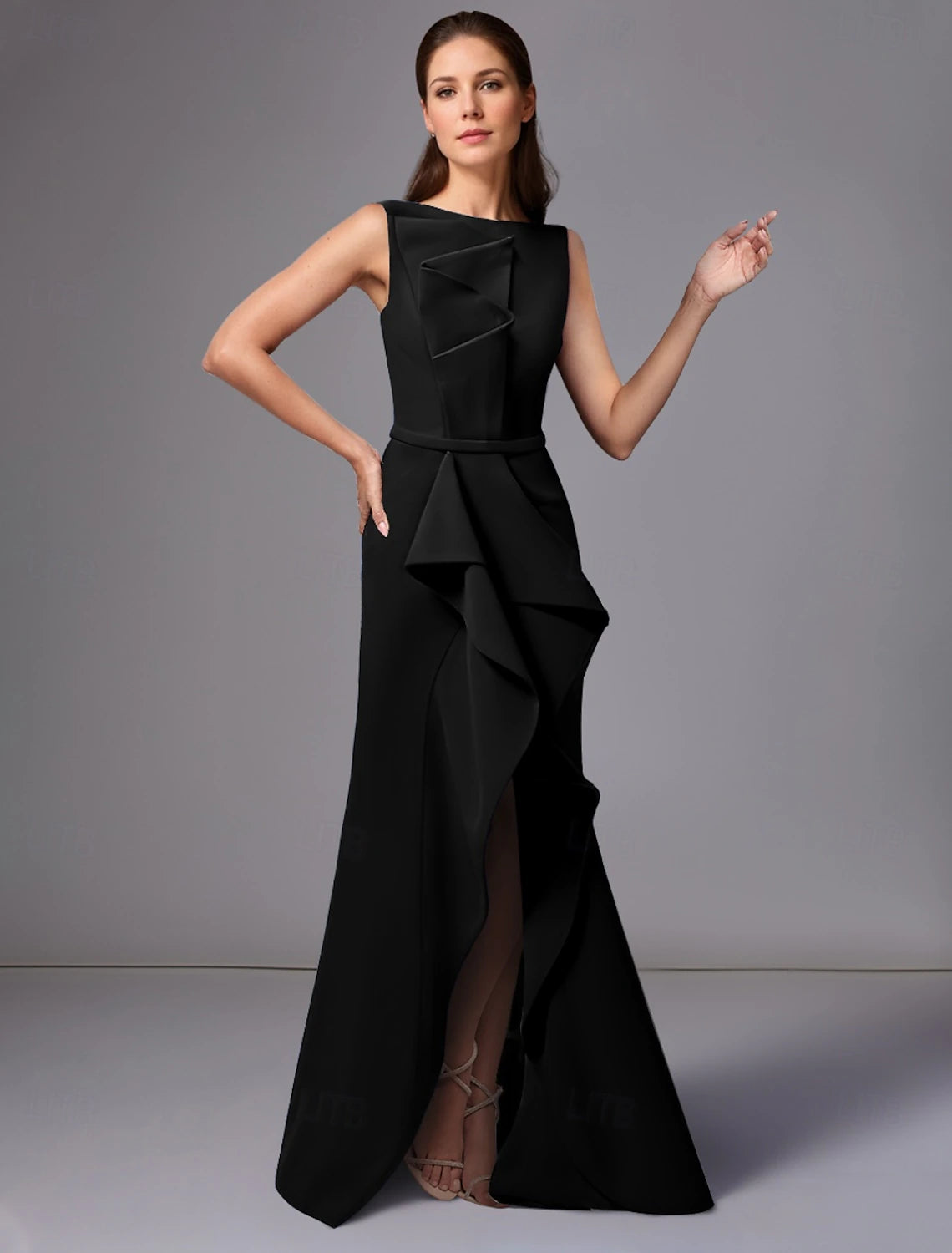 Red Blue A-Line Evening Gown Elegant Dress Beach Wedding Formal Floor Length Sleeveless Jewel Neck Stretch Crepe with Ruffles