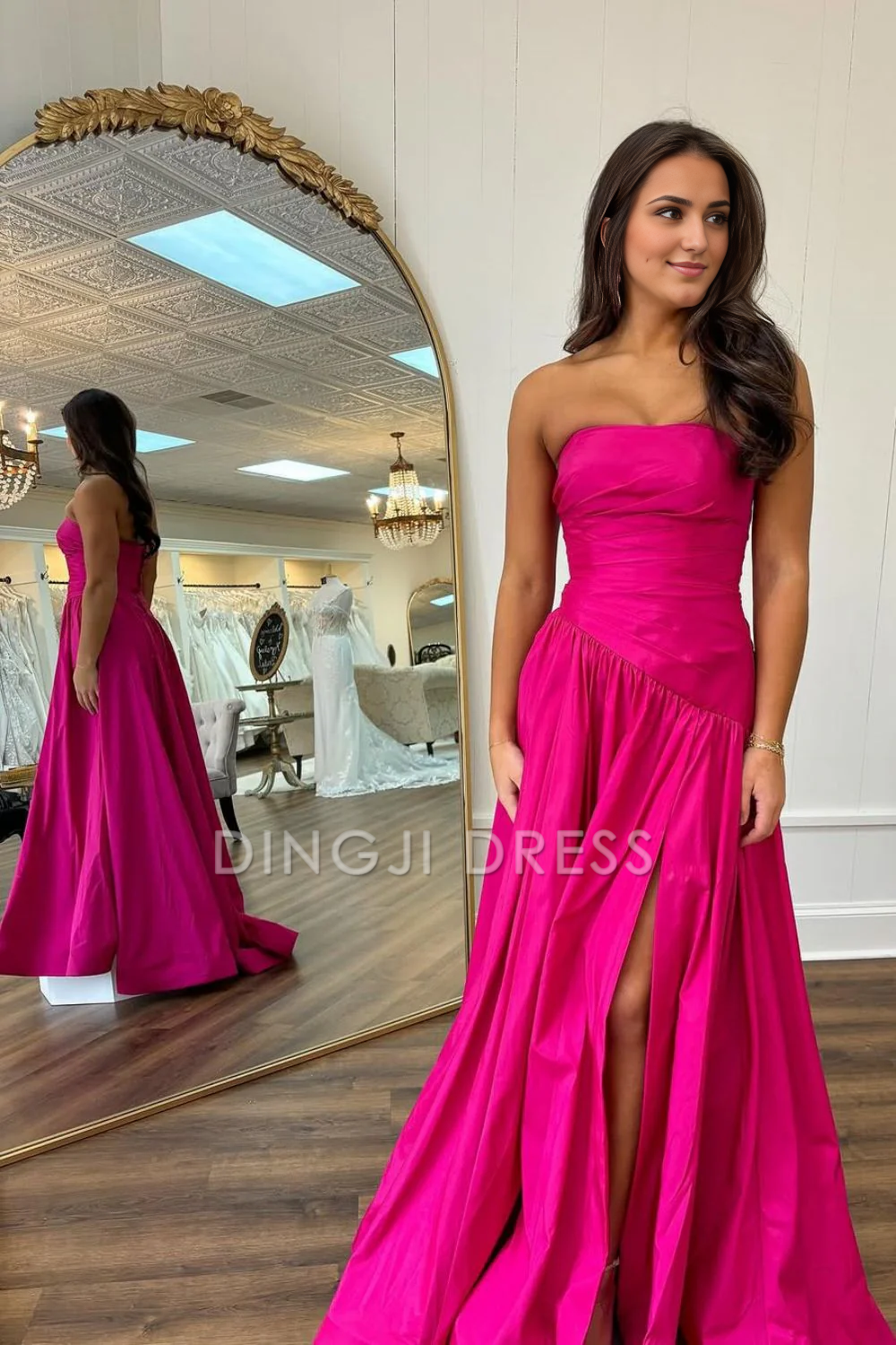 DingJiDress Simple A-Line Strapless Long Satin with Slit Elegant Prom Dress