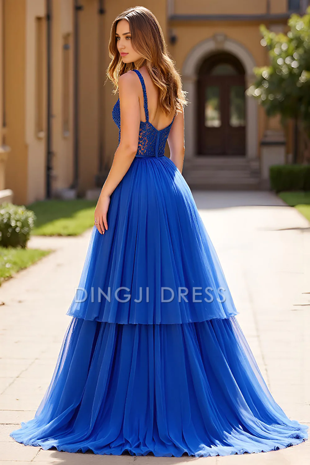 DingJiDress High Quality Dress Exquisite A Line Sweetheart Tulle Tiers Backless Long Prom Dress