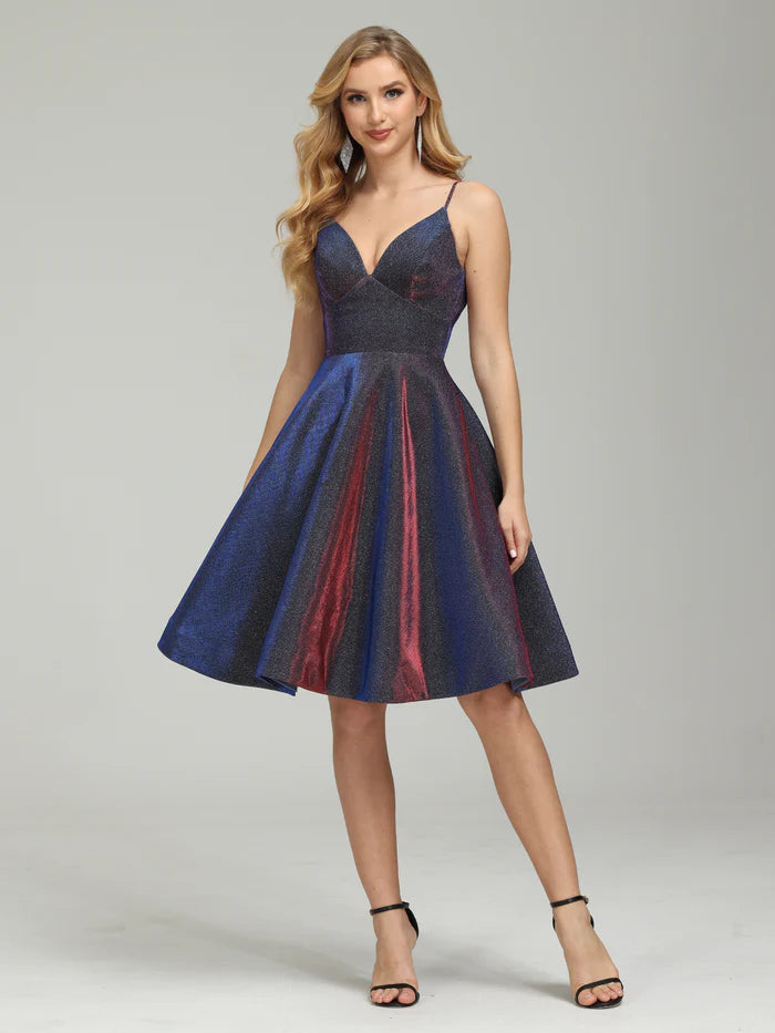 Glitter Spaghetti Straps V-neck Knee Length Homecoming Dress