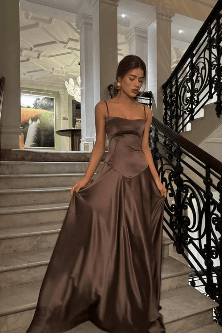 Chic A Line Spaghetti Straps Brown Party Dress with Ruffles Brown Satin Prom Dress