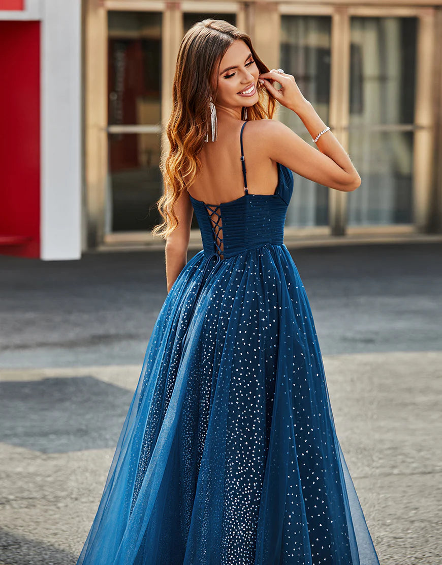 Navy Blue A-line Long Split Ball Dress