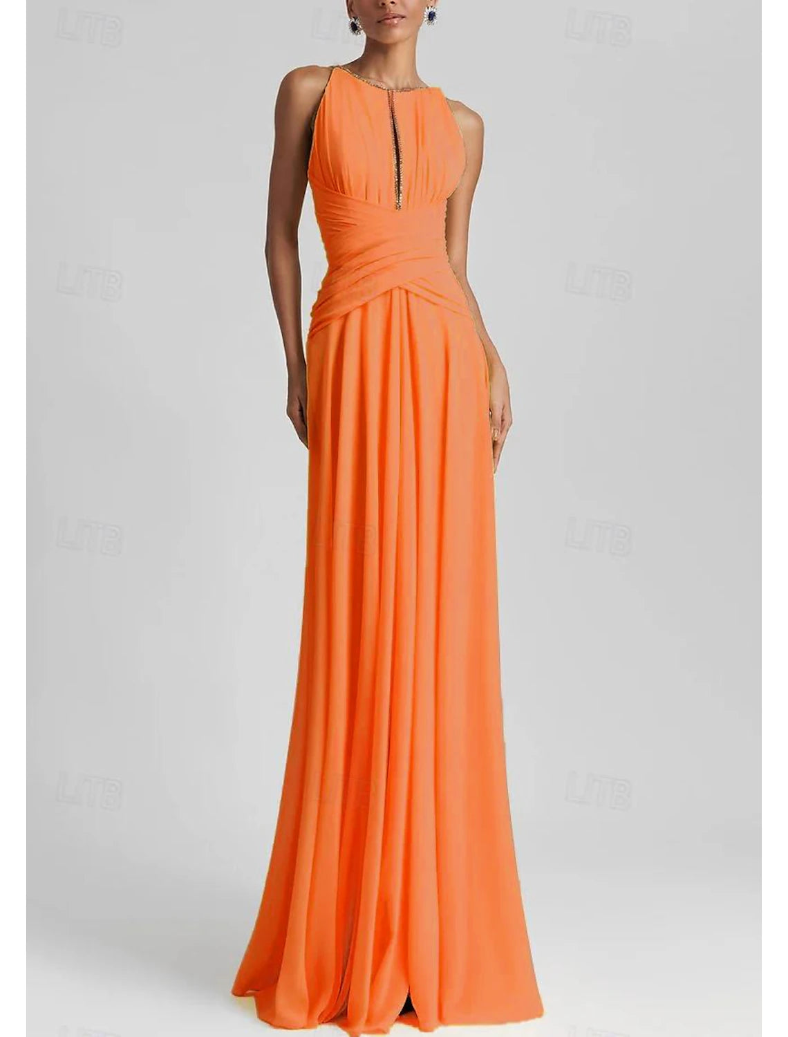 Beach Wedding A-Line Evening Gown Elegant Dress Formal Wedding Guest Floor Length Sleeveless Jewel Neck Chiffon with Rhinestone Glitter Pleats