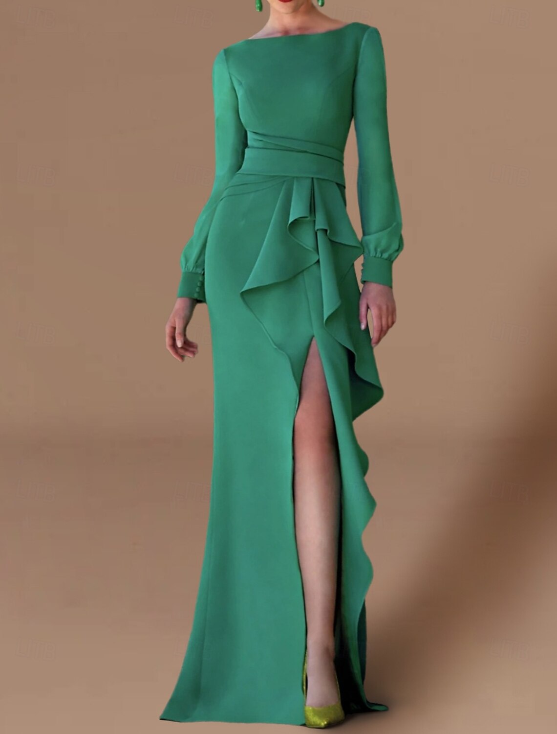 A-Line Evening Gown Elegant Dress Formal Fall Sweep / Brush Train Long Sleeve Jewel Neck Stretch Chiffon with Ruffles Slit