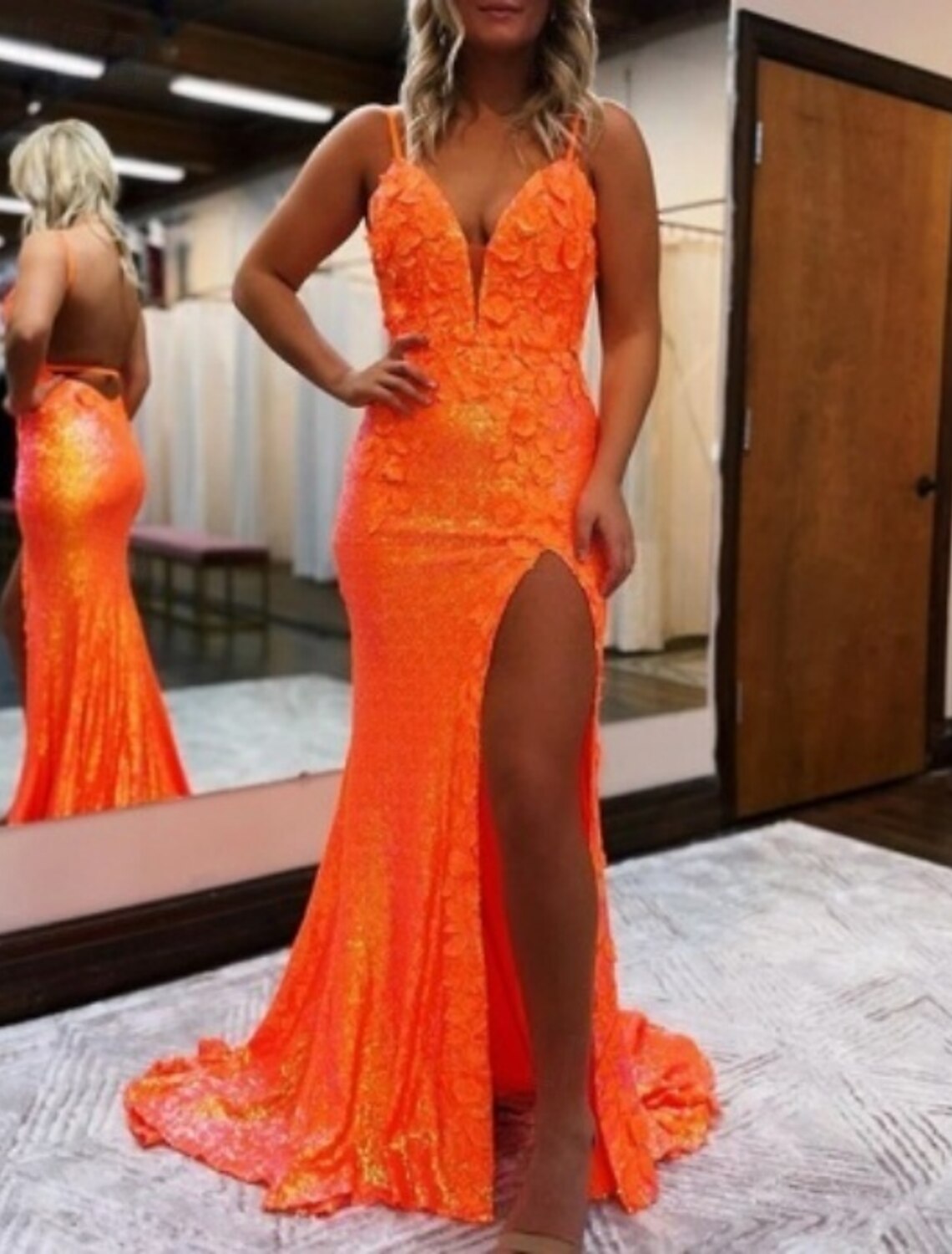 MermaidTrumpet Evening Gown Sparkle Dress Prom Birthday Court Train Sleeveless V Neck Sequined Backless V Back with Glitter Sequin Slit