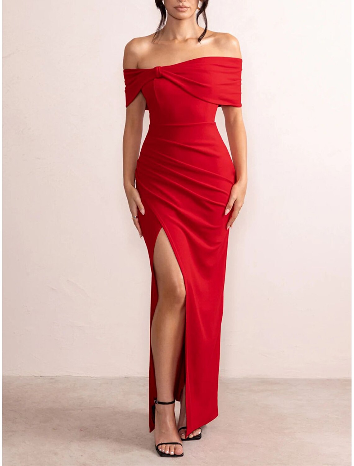 Women's Black Dress Prom Dress Party Dress Backless Split Off Shoulder Short Sleeve Wedding Guest Special Occasion Elegant Formal Black Red Summer Spring