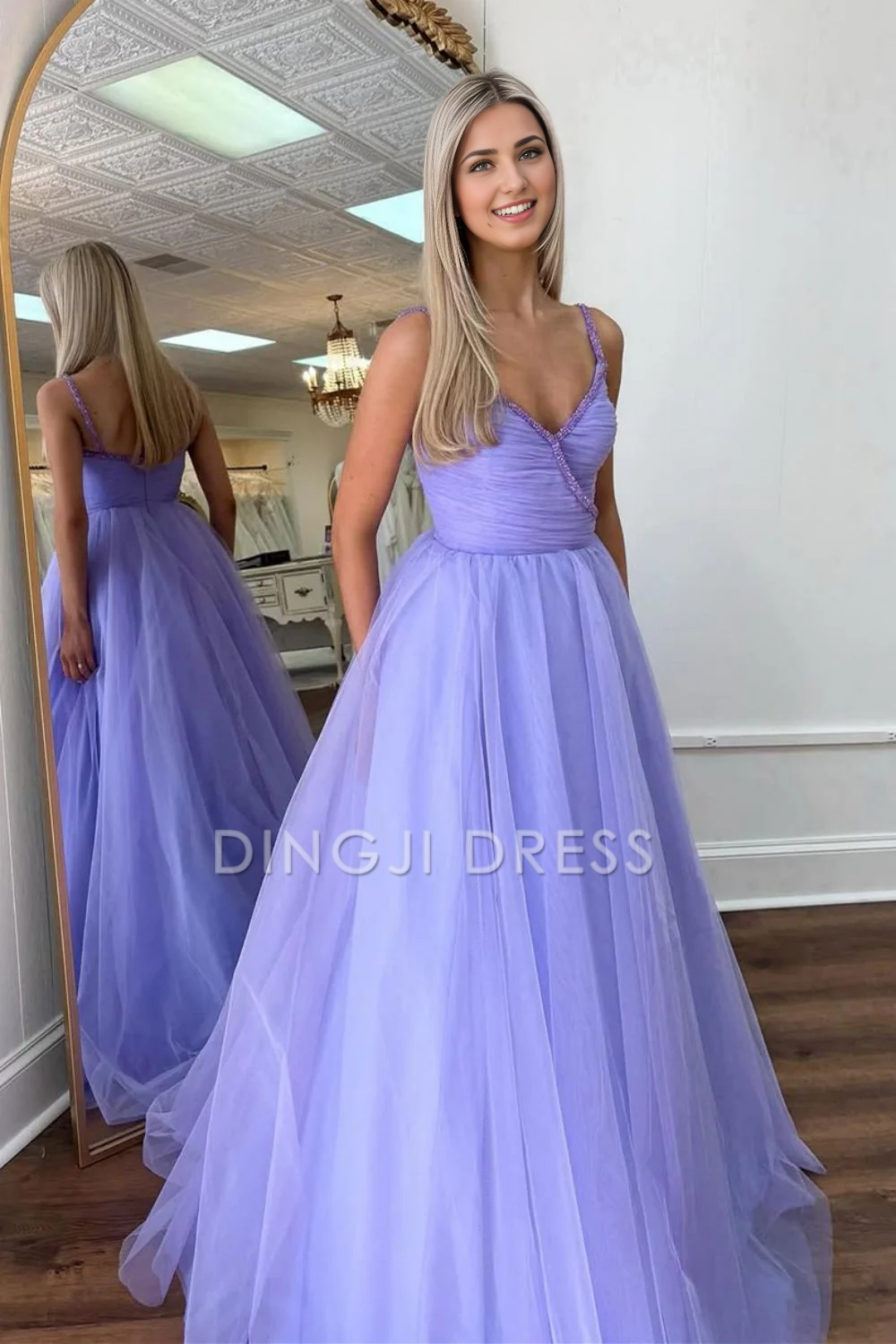 DingJiDress Princess A-Line V Neck Spaghetti Straps Long Tulle Elegant Prom Dress