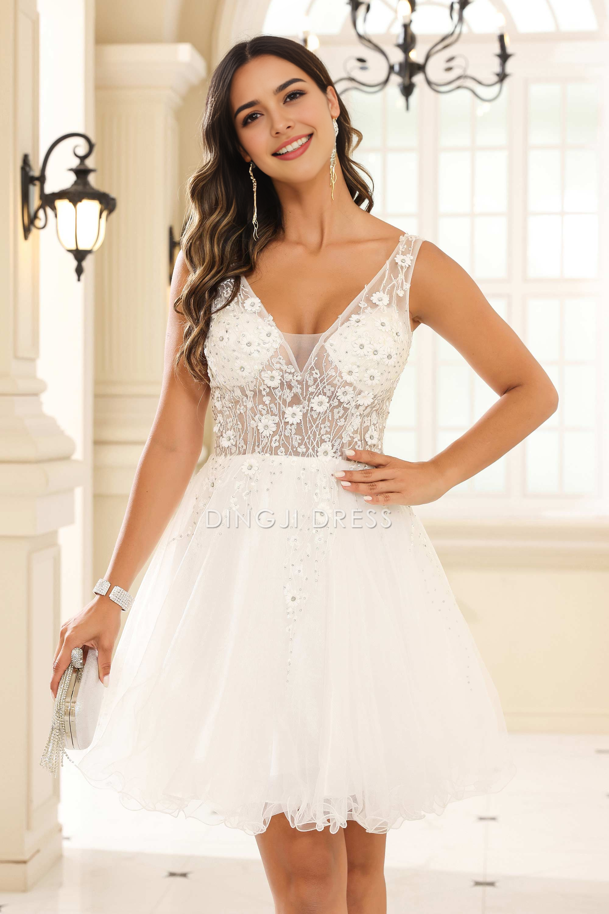 DingJiDress Hot Sale Homecoming Dress Exquisite A-Line V-Neck Sleeveless Applique Tulle Romantic Mini Dress