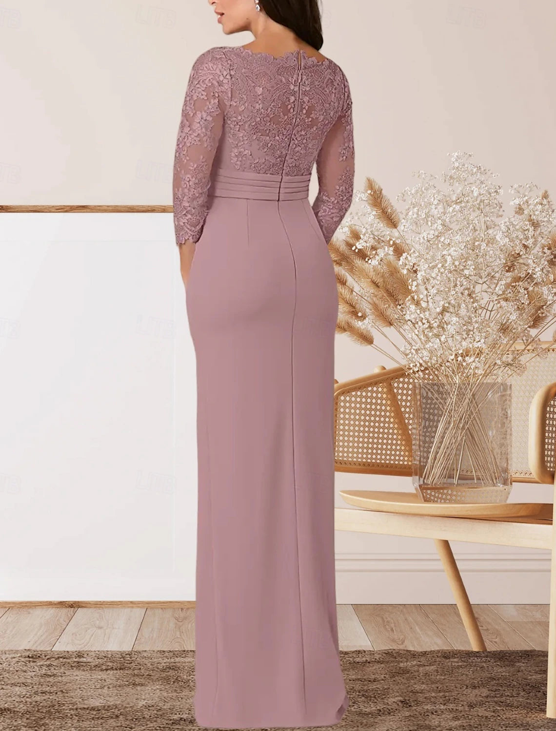 Sheath / Column Mother of the Bride Dress Wedding Guest Elegant Square Neck Floor Length Chiffon Lace 3/4 Length Sleeve with Lace Sash / Ribbon Pleats