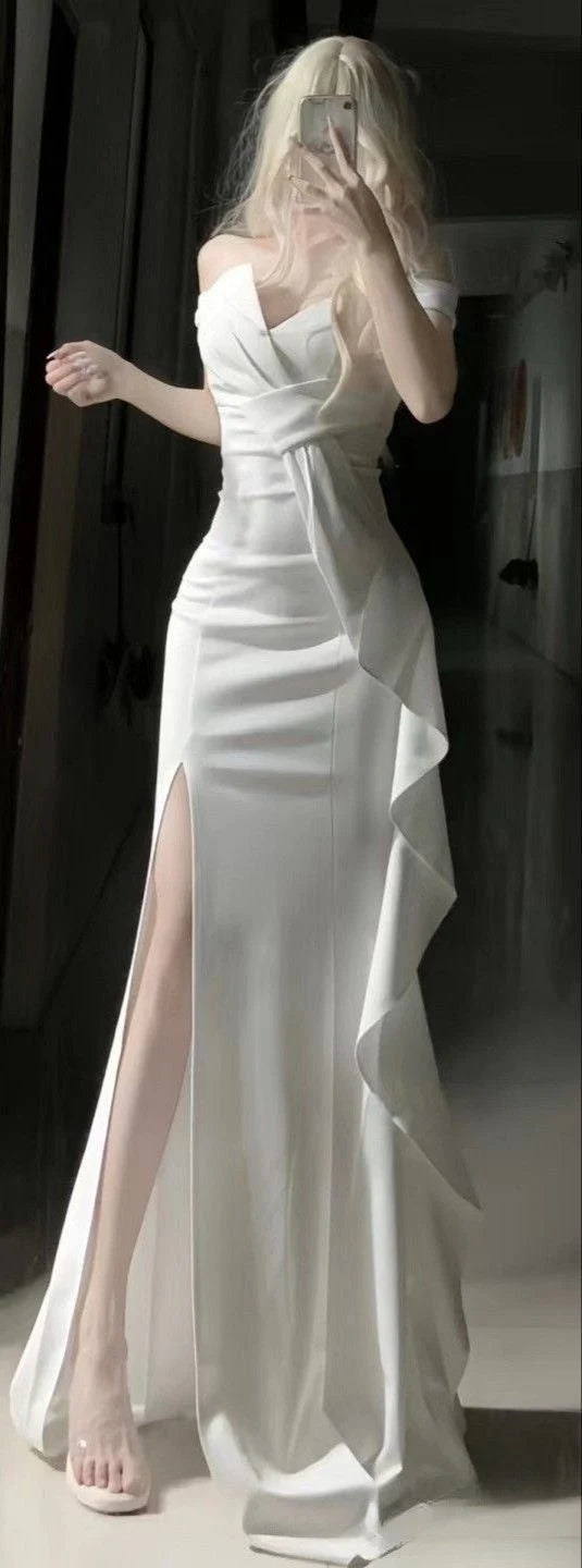 White Off Shoulder Long Prom Gown Evening Dress