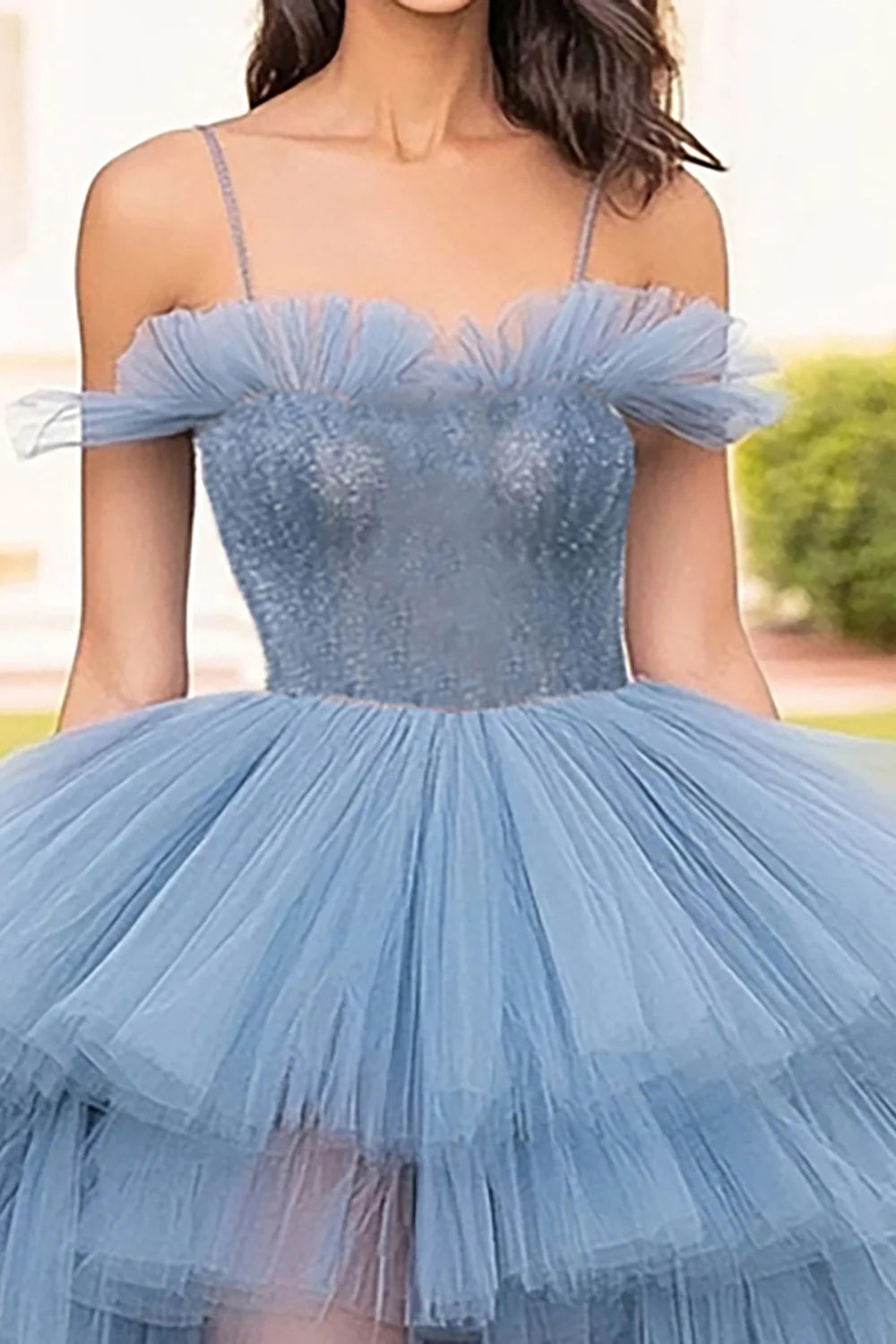 Grey blue chiffon thin shoulder strap long with slit ball dress