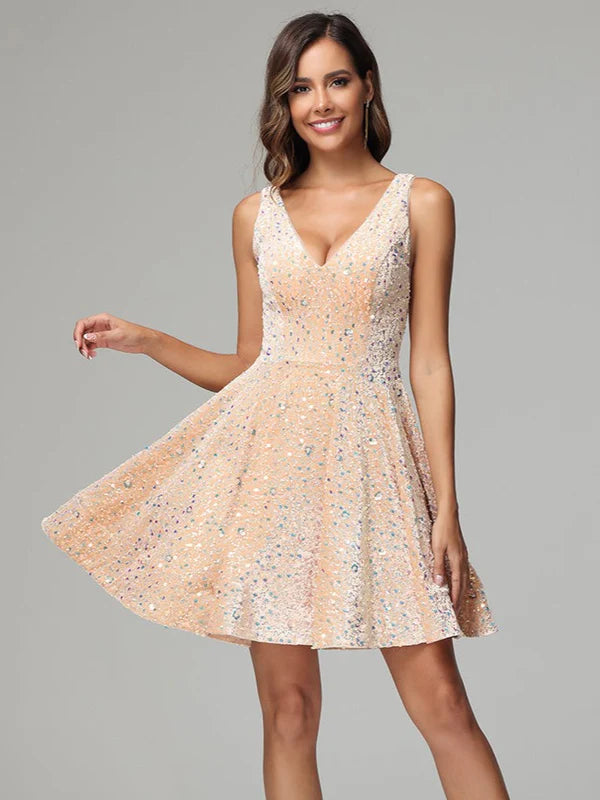 Champagne A Line V-neck Sequins Homecoming Dress