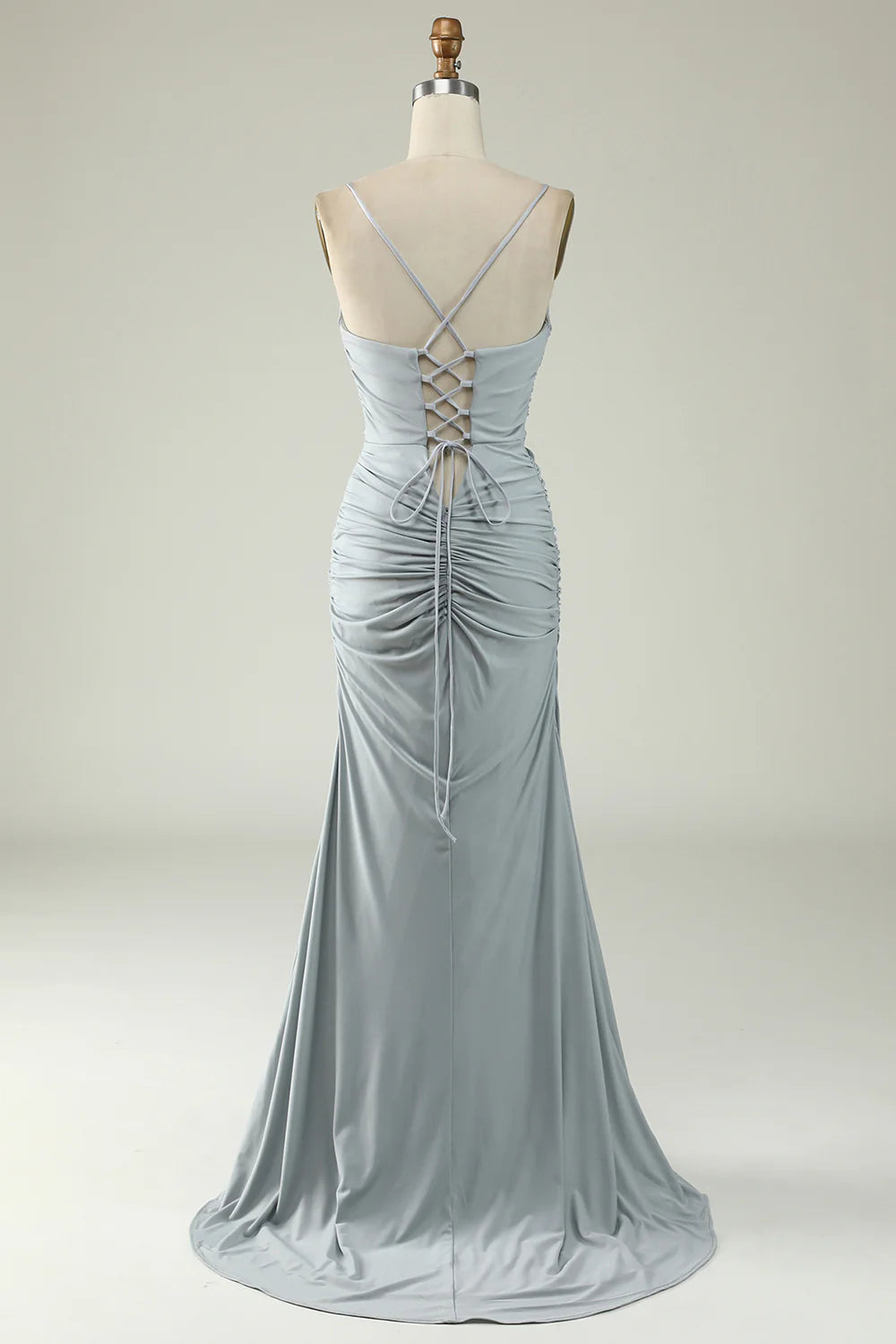 Grey long elegant suspender slit ball gown