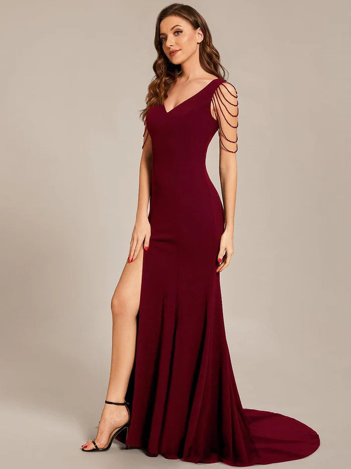 Sleeveless with Chain Bodycon Mermaid High Slit Formal Evening Dress ﻿