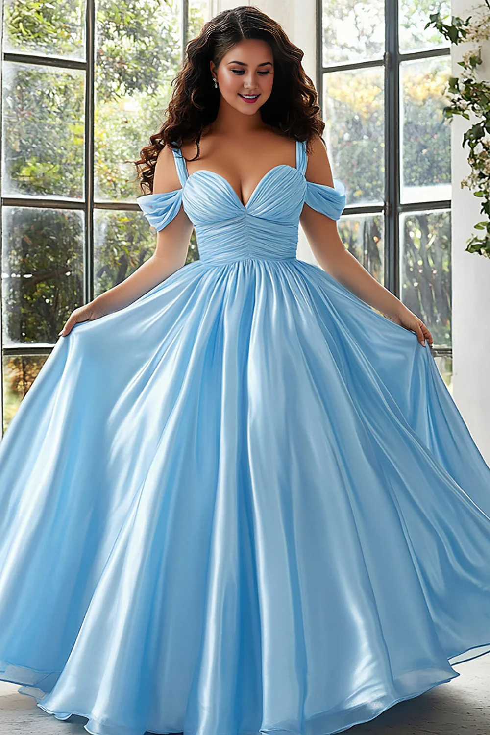 DingJiDress High Quality Dress A Line Cold Shoulder Sweetheart Pleated Satin Long Plus Size Exquisite Prom Dress