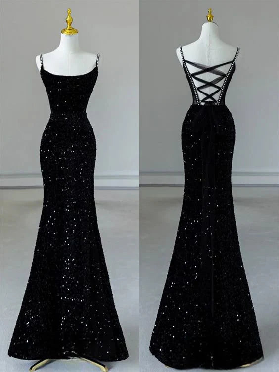 Minimally designed mermaid sequined black long ball dress and evening gown