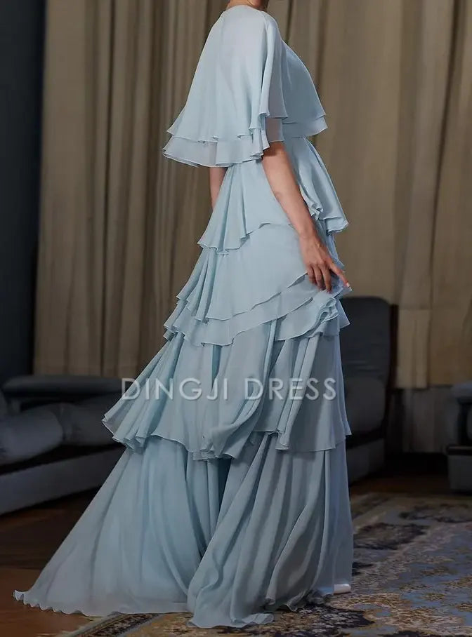DingJiDress A Line Tiered Ruched Chiffon Flowing Romantic Elegant Prom Dress