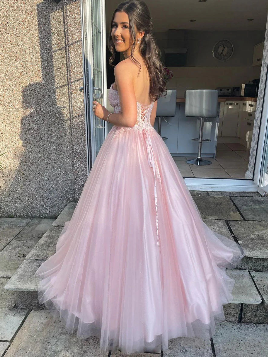 A-Line Sweetheart Neck Tulle Lace Long Prom Dress Pink Formal Evening Dress