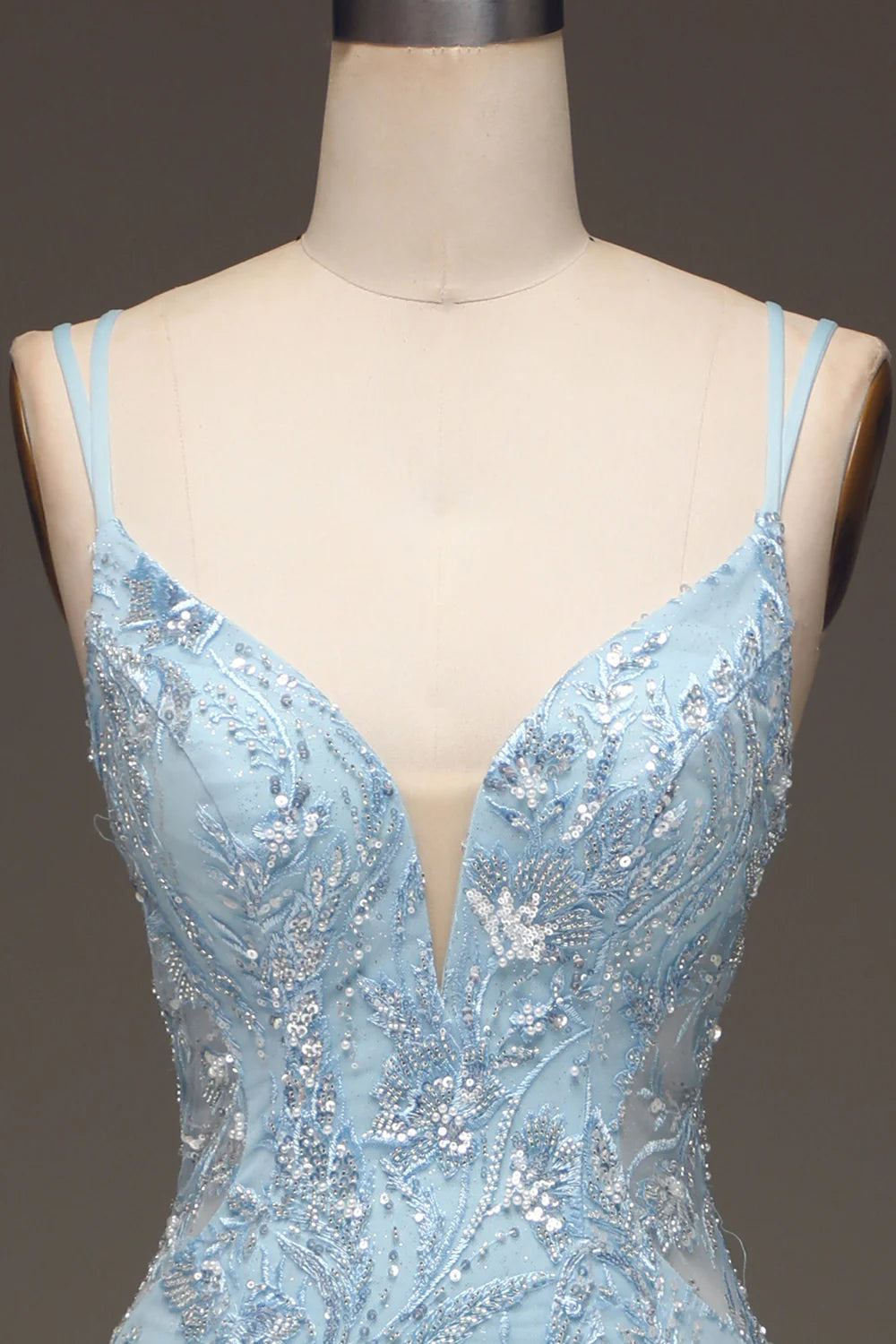 Light blue mermaid V-neck long slit ball dress