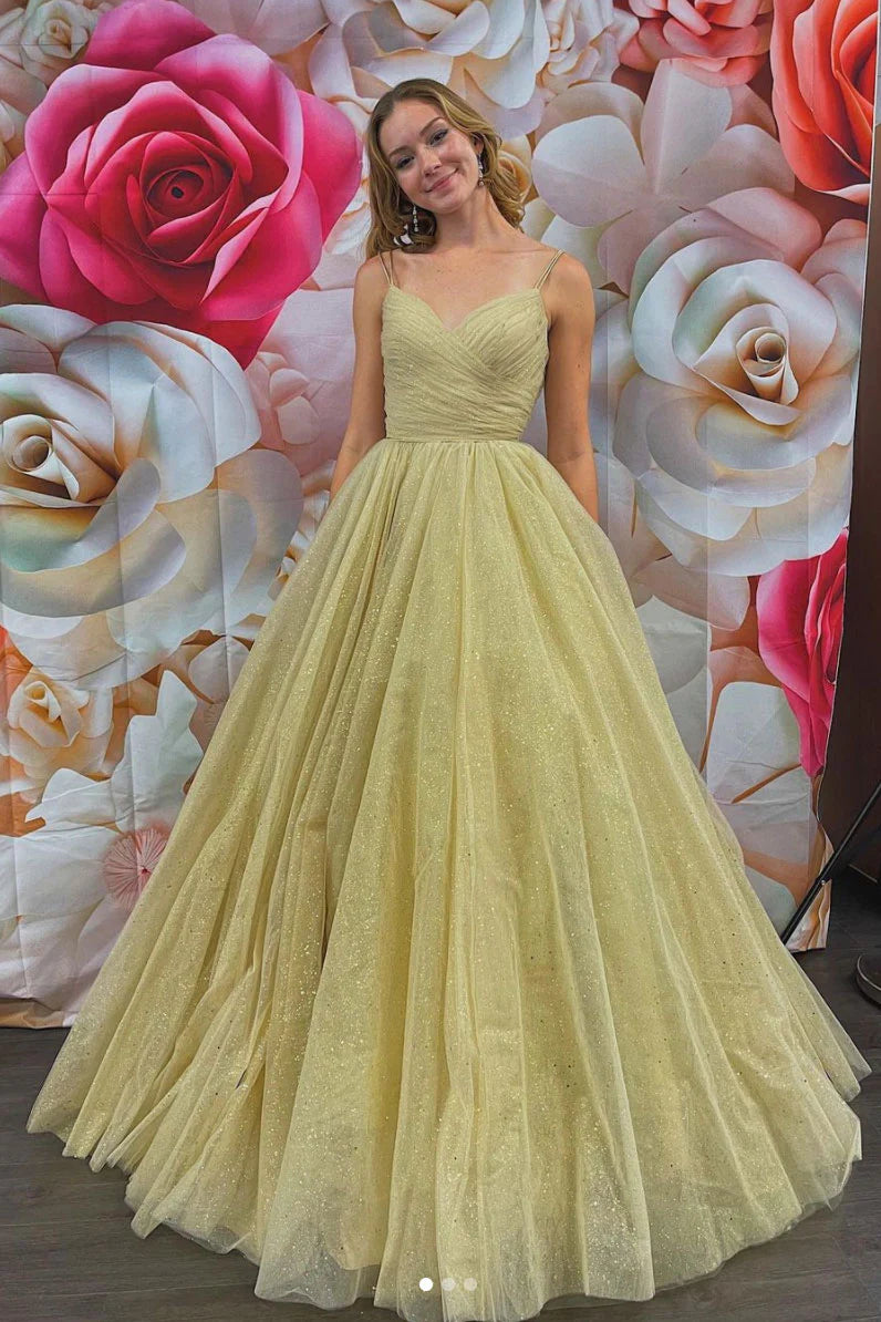 Gold v neck tulle long prom dress tulle formal dress