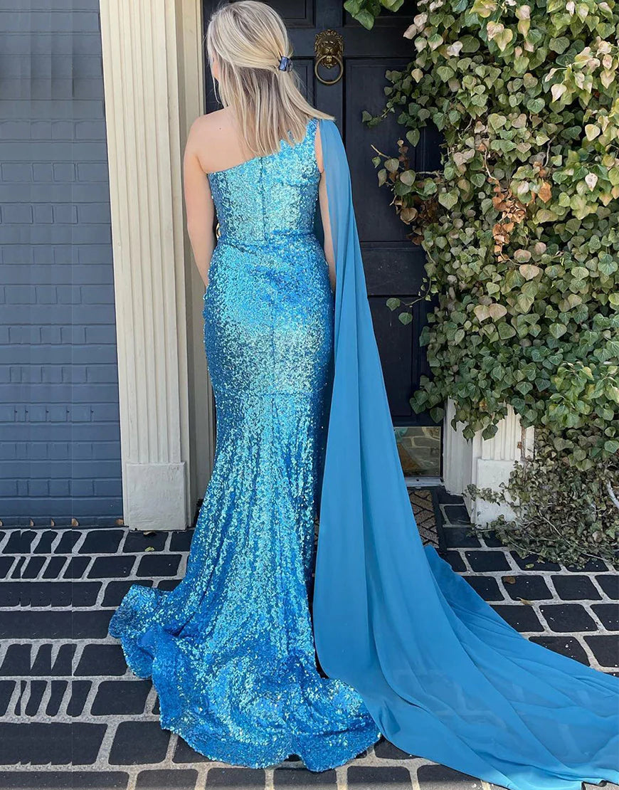 Fashionable long shoulder sequin slit ball dress