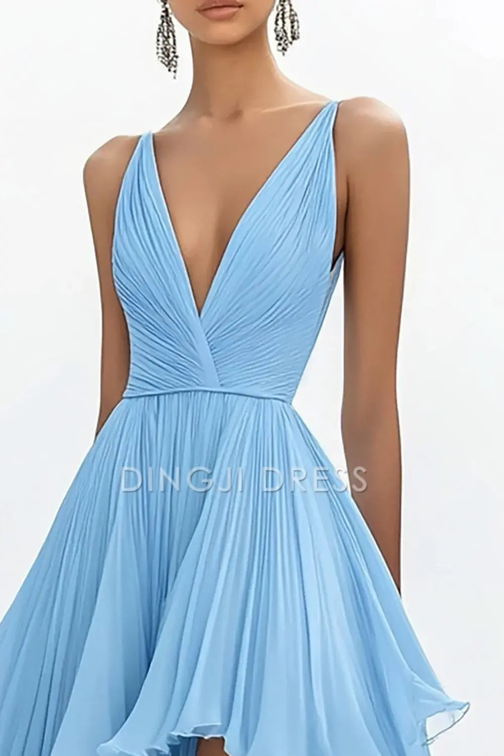 DingJiDress High Quality Dress A Line Deep V-Neck Ruched High-Low Chiffon Exquisite Prom Dress