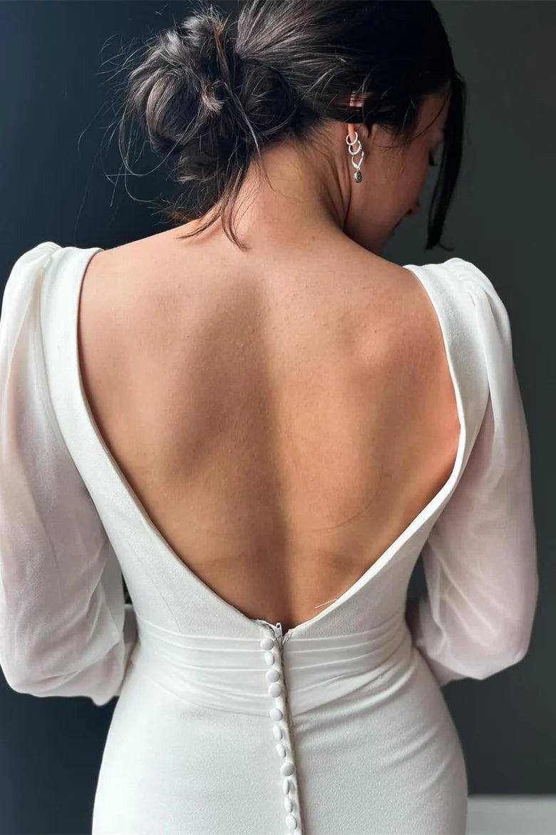 White Plunge V Backless Mermaid Long Wedding Dress